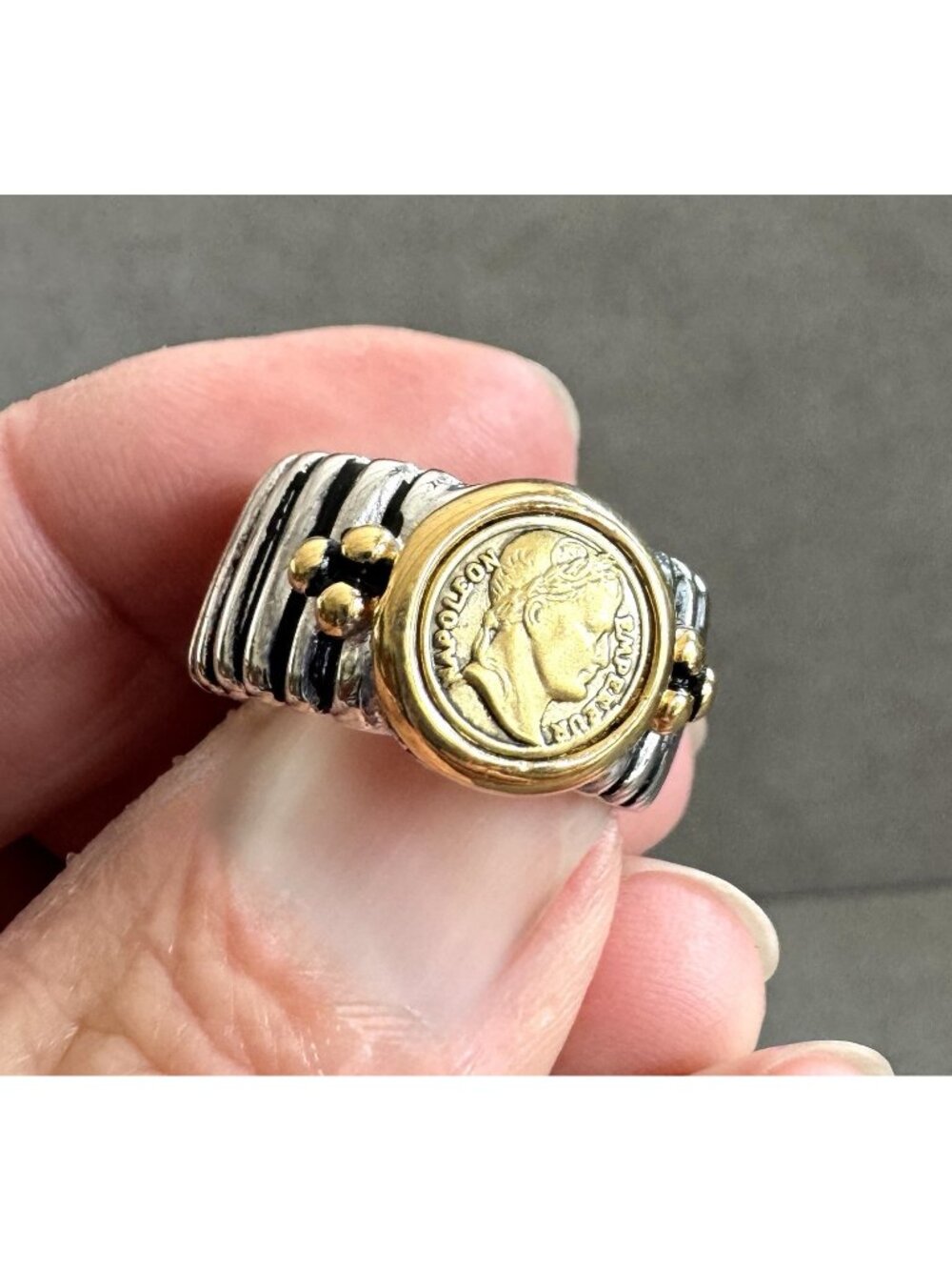 Signed JOSEPH ESPOSITO ESPO Faux ROMAN Coin Wide Band RING 14KGE Size 8.5